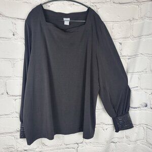 Chicos Womens 4 XXL Black Dressy Long Sleeve Square Neck Plus Size Blouse Office